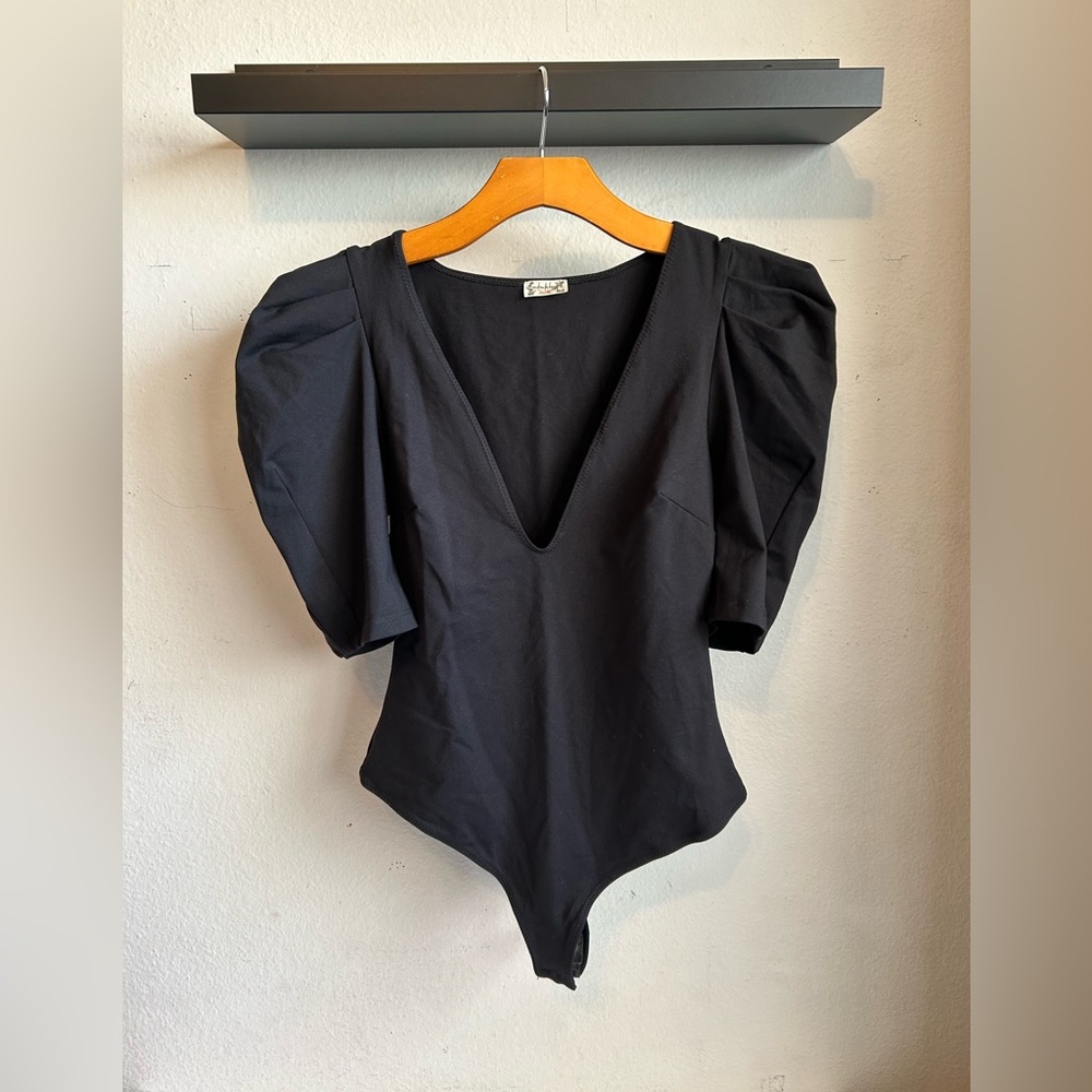 FP Intimately Puff Sleeves Deep V Neck Thong Black Bodysuit Size S
